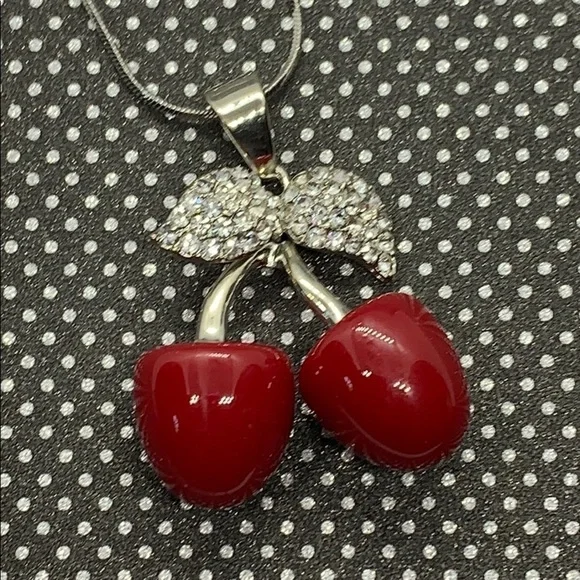 Cherry Pendant Necklace Red Austrian Crystal Rhinestone Silvertone 29” Coquette - Picture 6 of 8